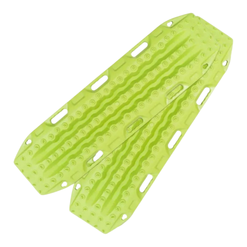A bright lime green MAXTRAX MKII with textured grip ridges and multiple cutouts, shown on a plain white background.