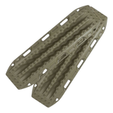 A pair of olive coloured MAXTRAX MKII vehicle recovery tracks, on a white background