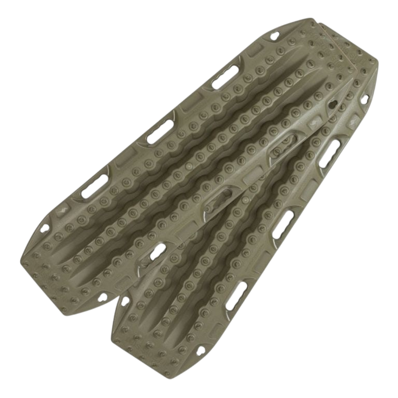 A pair of olive coloured MAXTRAX MKII vehicle recovery tracks, on a white background