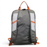 The back view of a gray Meerkat backpack with orange straps and side accents, featuring textured mesh side panels, on a solid white background.