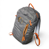 camp4x4.co.za - A gray lightweight Meerkat backpack with bright orange accents, including zippers, handles, and straps, featuring a circular logo patch on the front pocket.