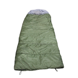 An olive green MEERKAT Military Export Sleeping Bag (-10 C) with a light gray hood, shown flat against a solid white background.