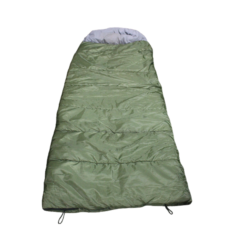 An olive green MEERKAT Military Export Sleeping Bag (-10 C) with a light gray hood, shown flat against a solid white background.