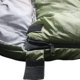 Close-up of a MEERKAT Military Export Sleeping Bag (-10 C) showing an olive green exterior zipper section with a black zipper pull and hook-and-loop fastener, alongside a light gray interior.