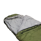 An olive green MEERKAT Military Export Sleeping Bag (-10 C) with a light gray interior lining, shown partially unzipped against a plain white background.