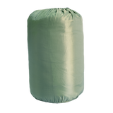 A sage green drawstring MEERKAT Military Export Sleeping Bag (-10oC), packed and standing upright, isolated on a white background.