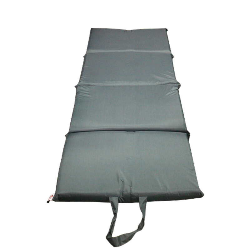 A gray MEERKAT Nylon Folding Mattress with four padded sections and a carrying handle, shown against a plain white background.