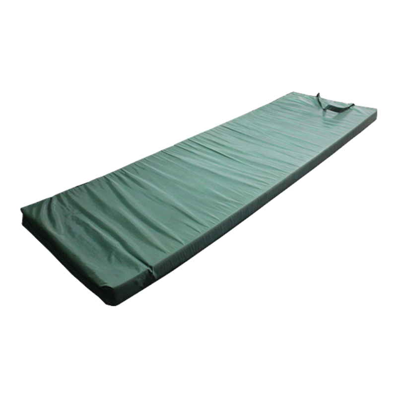 A side view of a green MEERKAT Nylon Roll-Up Mattress, displayed on a white backround