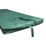 A close up view of a green MEERKAT Nylon Roll-Up Mattress with straps, displayed on a white backround