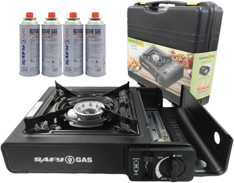 Portable butane gas stove, four butane gas canisters, and a carrying case on a white background.