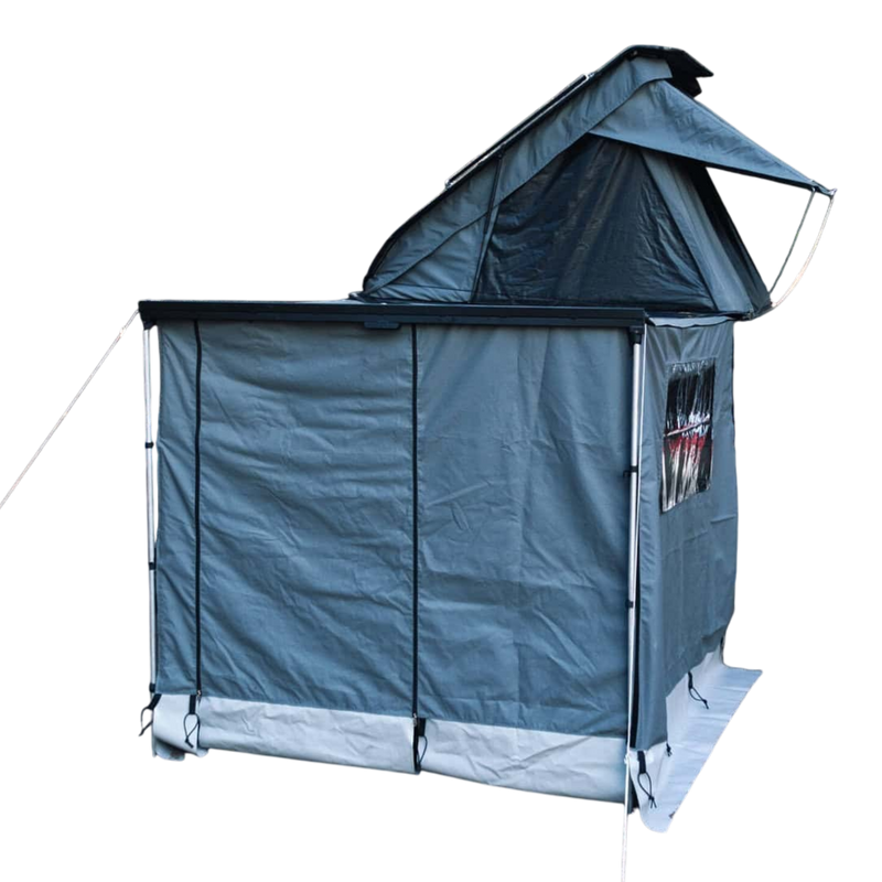 RoofPod Awning with the awning sides and door erected on a white background