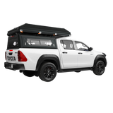 White bukkie / truck with an Alu-Cab RT4, 4 sleeper rooftop tent and ladder on a Contour Canopy. Internal view of the Alu-Cab RT-4S 4 sleeper tent. Camp4x4. camp 4x4, overlanding, camping. Double Cab. Single Cab. Extra Cab. Off-road