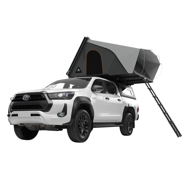 Double cab bukkie / truck with the Alu-Cab RT-4S 4 sleeper tent and 270 Shadow awning, fitted to a Contour canopy. Camp4x4. camp 4x4, overlanding, camping. Double Cab. Single Cab. Extra Cab. Off-road