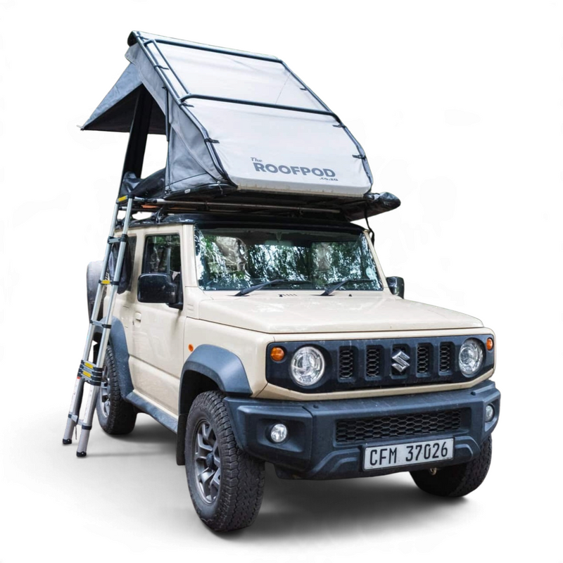 Beige Camp4x4 Jimny with a rooftop tent labeled 'Roofpod' on a white background