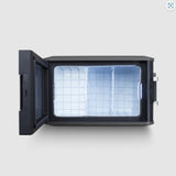 Plan view of the Dometic CFX5 45L Portable Fridge, with the lid open 