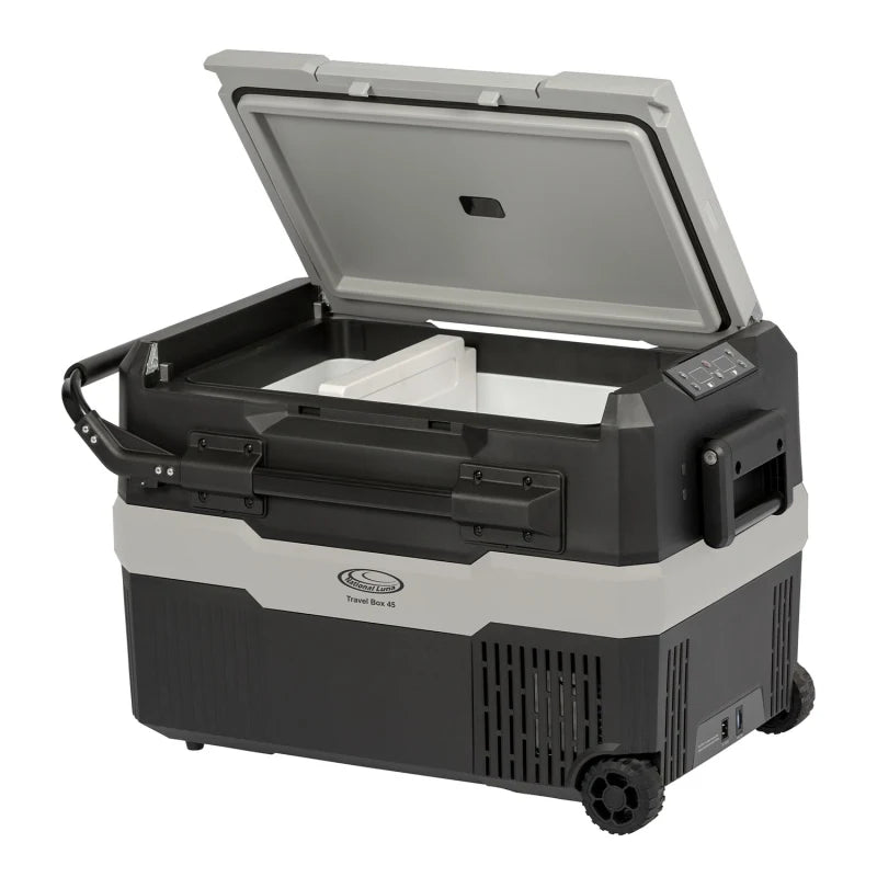Black and gray 45ltr portable fridge with open lid on a white background