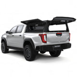 Alu-Cab Contour Canopy for the 2026+ Toyota Hilux Double Cab, mounted on the vehicle with the doors open, on a white background