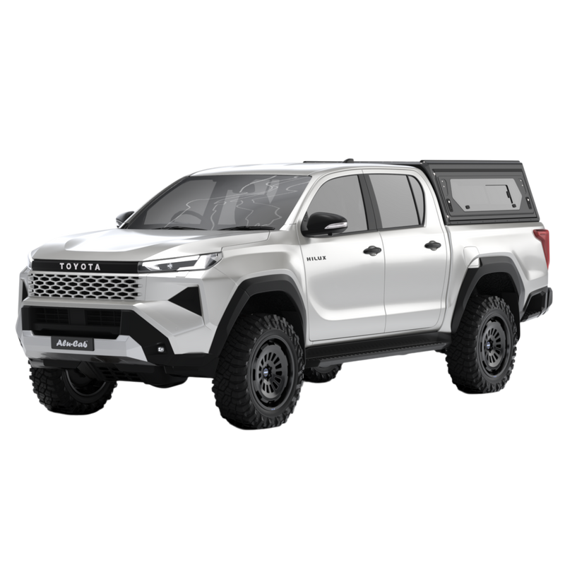 Alu-Cab Contour Canopy with side windows included, for the 2026 Toyota Hilux Double Cab, on a white background