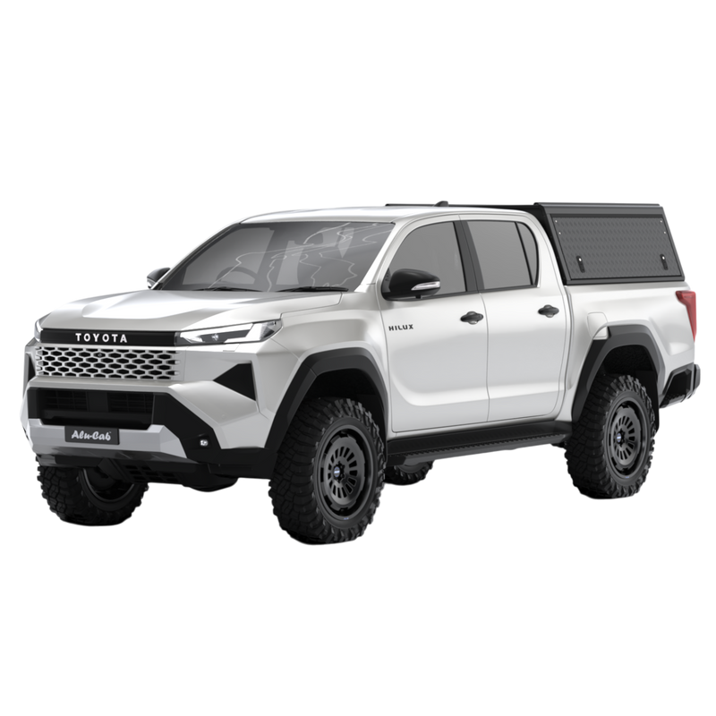 Alu-Cab  Explorer Canopy with Tread Plate finish, for the  2026+ Toyota Hilux Double Cab, on a white background