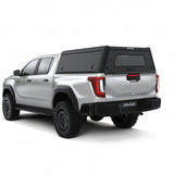 Alu-Cab  Explorer Canopy with Tread Plate finish, for the  2026+ Toyota Hilux Double Cab, on a white background