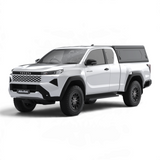 Main view of the Alu-Cab Contour Canopy, without side windows, for the 2026+ Toyota Hilux Extra Cab, mounted on the vehicle, on a white background