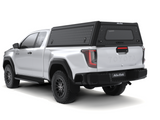 A white Toyota Hilux 2026+ Extra Cab with a Alu-Cab Explorer Canopy, with a tread plate finish, over the bed, shown from a low three-quarter rear angle on a white background.