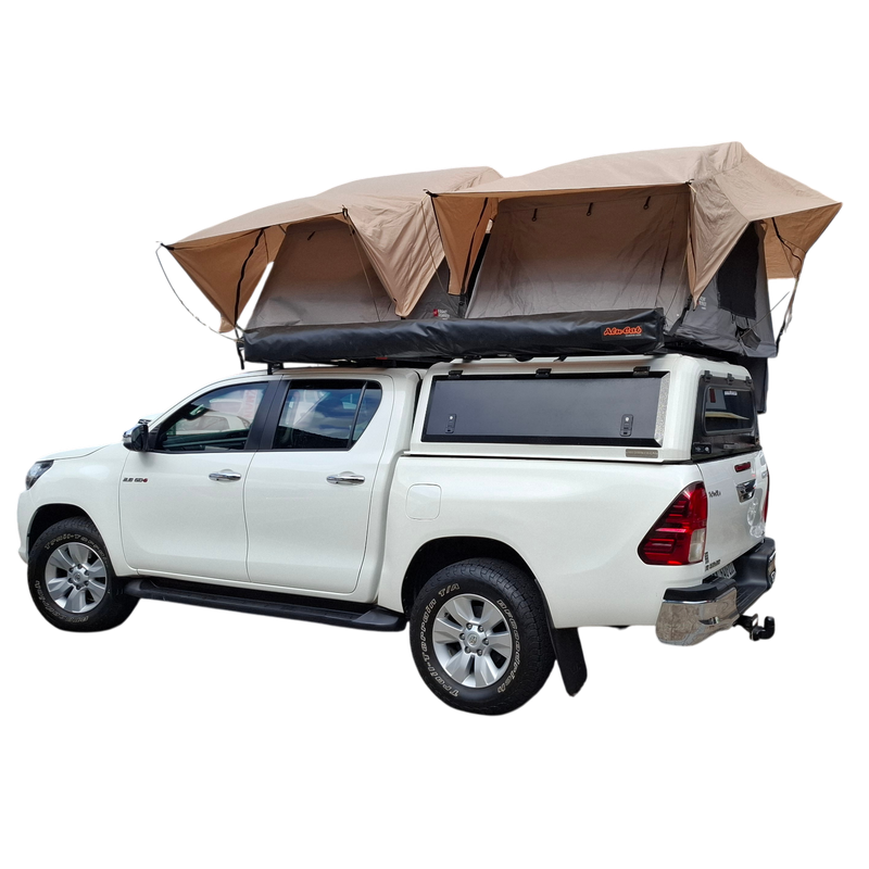 Toyota Hilux Fitted with two Front Runner Rooftop Tent, Alu-Cab 270 Shadow awning. Camping. Overlanding. Canopy. Camp4x4 camp 4x4