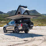 Double Cab VW with open Alu-Cab rooftop tent and an extended 270 Shadow awning in a desert. Camp4x4. camp 4x4, overlanding, camping. Double Cab. Single Cab. Extra Cab landscape