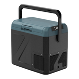 A portable Zalptic Z19 Carry Fridge Freezer with a dark gray body, a slate blue top lid, and a black carrying handle, shown on a solid white background.