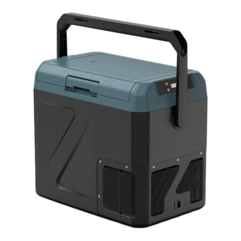 A portable Zalptic Z19 Carry Fridge Freezer with a dark gray body, a slate blue top lid, and a black carrying handle, shown on a solid white background.