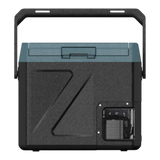 A rugged portable cooler, Zalptic Z19 Carry Fridge Freezer with a black textured body, a dark teal lid, and a black carrying handle, shown from a front-facing perspective on a white background.