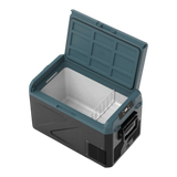 A portable Zalptic Z31 Camping Fridge Freezer with its lid open, showing a white interior and a wire rack inside. The cooler has a dark gray body and a slate blue-green lid, set against a plain white background.
