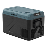 A portable Zalptic Z31 Camping Fridge Freezer with a dark teal top and a black textured body, shown from a three-quarters angle on a white background.