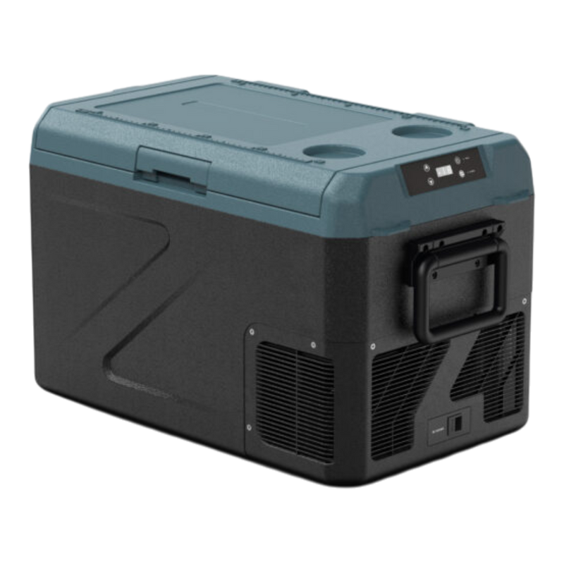 A portable Zalptic Z31 Camping Fridge Freezer with a dark teal top and a black textured body, shown from a three-quarters angle on a white background.