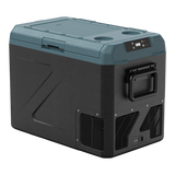 A portable Zalptic Z41 Camping Fridge Freezer with a black body and a slate blue top lid, featuring a carry handle, ventilation grilles, and a small digital control panel on the upper right.