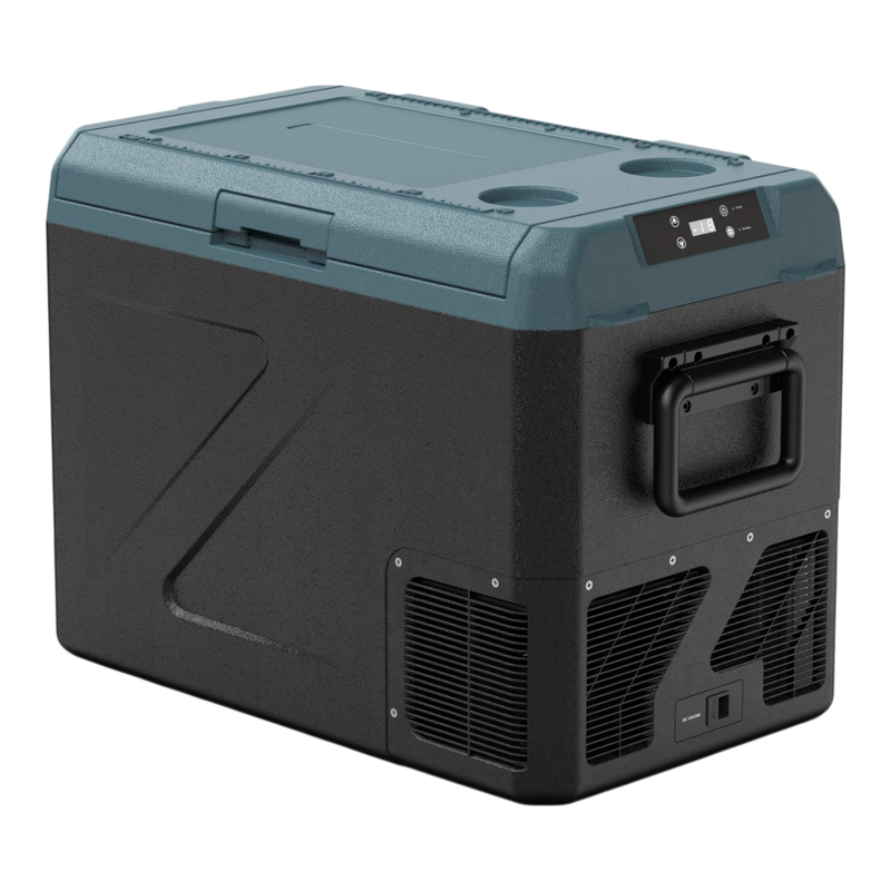 A portable Zalptic Z41 Camping Fridge Freezer with a black body and a slate blue top lid, featuring a carry handle, ventilation grilles, and a small digital control panel on the upper right.