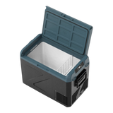 A portable Zalptic Z41 Camping Fridge Freezer with its lid open, featuring a dark gray exterior, a teal-blue lid, and a stainless steel interior with a wire rack.