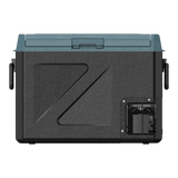 A black Zalptic Z41 Camping Fridge Freezer with a dark teal-blue lid, featuring a large stylized 'Z' logo on the front and a vented control panel on the lower right side.