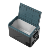 A dark gray and teal Zalptic Z61 Camping Fridge Freezer with its lid open, showing a stainless steel interior and a wire rack, isolated on a white background.