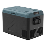 A portable Zalptic Z61 Camping Fridge Freezer with a dark gray body and a slate blue-gray lid, featuring a built-in handle on the side and ventilation grilles on the bottom, shown against a plain white background.