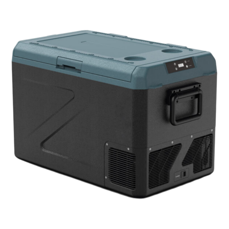 A portable Zalptic Z61 Camping Fridge Freezer with a dark gray body and a slate blue-gray lid, featuring a built-in handle on the side and ventilation grilles on the bottom, shown against a plain white background.