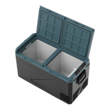 A dual-compartment Zalptic Z81 Camping Fridge Freezer with an open lid, featuring a dark gray body, teal-blue lids, and light gray interior bins, shown on a plain white background.