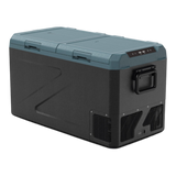 A rugged portable Zalptic Z81 Camping Fridge Freezer with a dark gray body and a slate blue-gray lid, shown from a three-quarters angle on a white background.