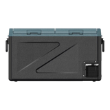 A black insulated Zalptic Z81 Camping Fridge Freezer with a dark teal lid, featuring a textured front panel with a diagonal design accent, side handles, and a vented control panel on the lower right.