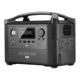 EcoFlow River Pro 720Wh portable power station in matte black, featuring a built-in carrying handle, digital display screen, dial control, multiple USB-A and USB-C ports, and a power outlet panel on the side.