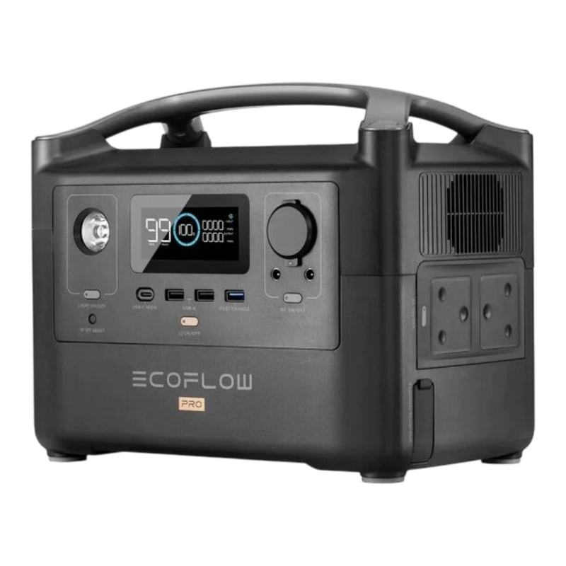 EcoFlow River Pro 720Wh portable power station in matte black, featuring a built-in carrying handle, digital display screen, dial control, multiple USB-A and USB-C ports, and a power outlet panel on the side.