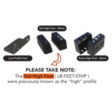 Set of different height Alu-Cab feet. Low Profile Feet. Std High Profile Feet. Extra High Feet 