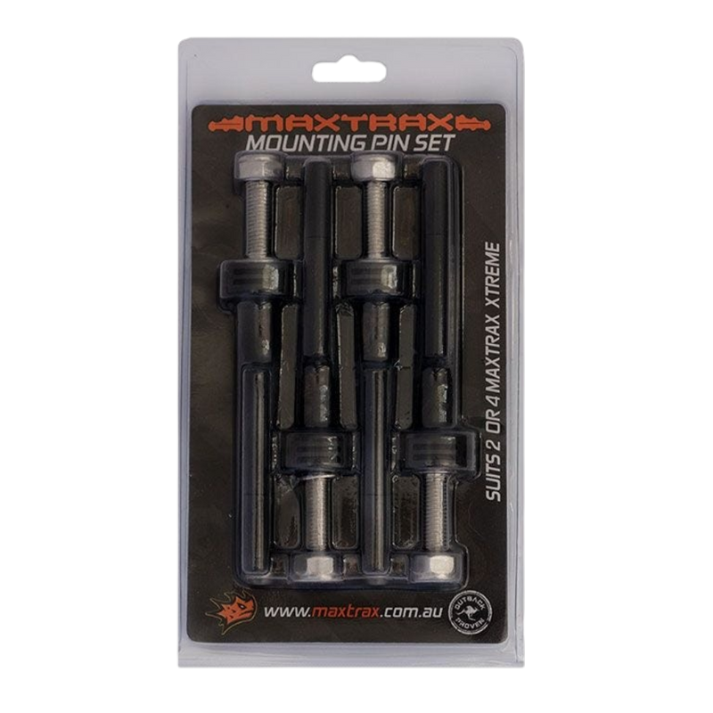 Maxtrax mounting pin set in retail blister packaging, containing three black and silver threaded metal pins on a black backing card with Maxtrax branding.